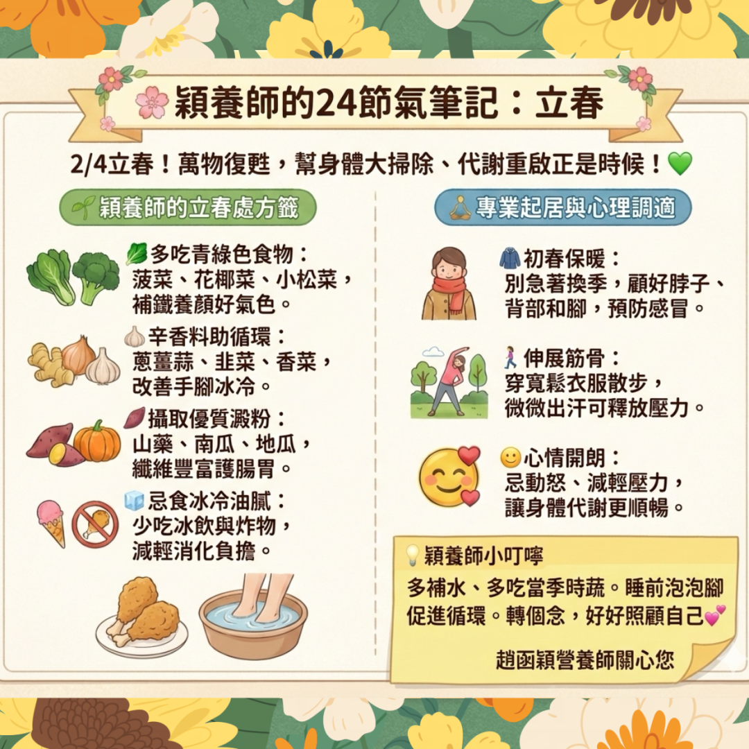 趙函穎營養師立春養生筆記：養肝食物（綠色蔬菜、辛香料、原型澱粉）外食便利商店食物清單與預防春睏生活建議。